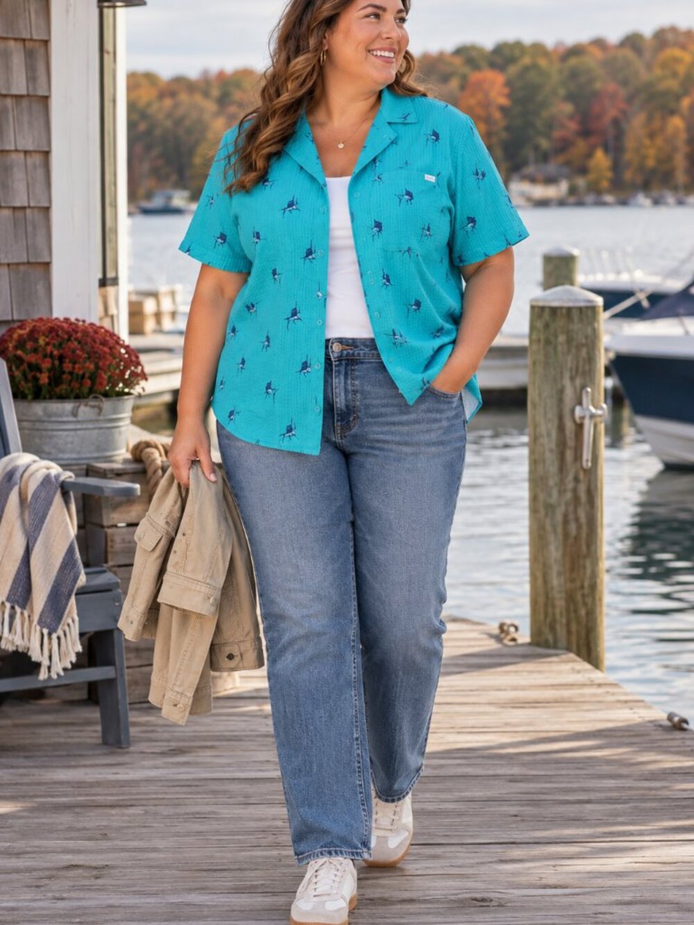 RSVLTS Sailfish Stretch Seersucker Shirt Women’s 2XL Teal Fishing